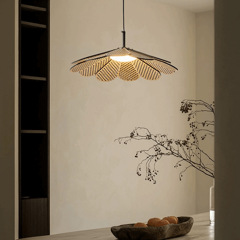 Elegant Japanese rattan flower chandelier showcasing intricate design and warm light.