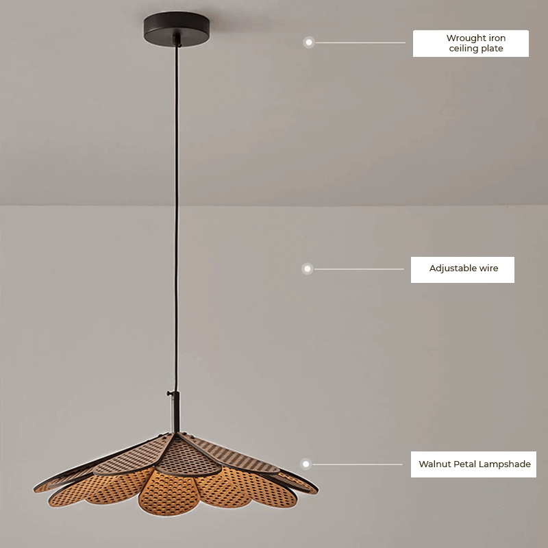 Close-up view of the rattan light highlighting its natural wood finish and elegant details.