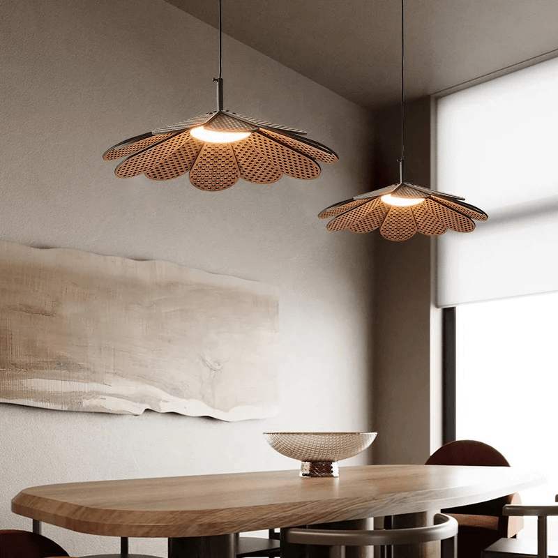 Elegant Japanese rattan flower chandelier showcasing intricate design and warm light.