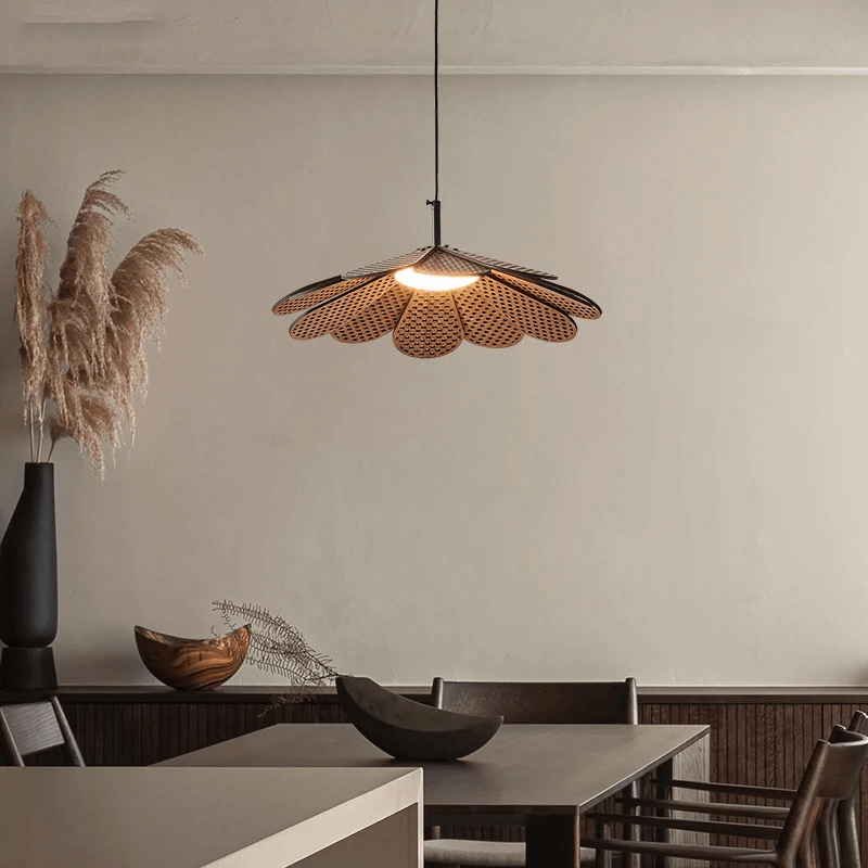 Close-up view of the rattan light highlighting its natural wood finish and elegant details.