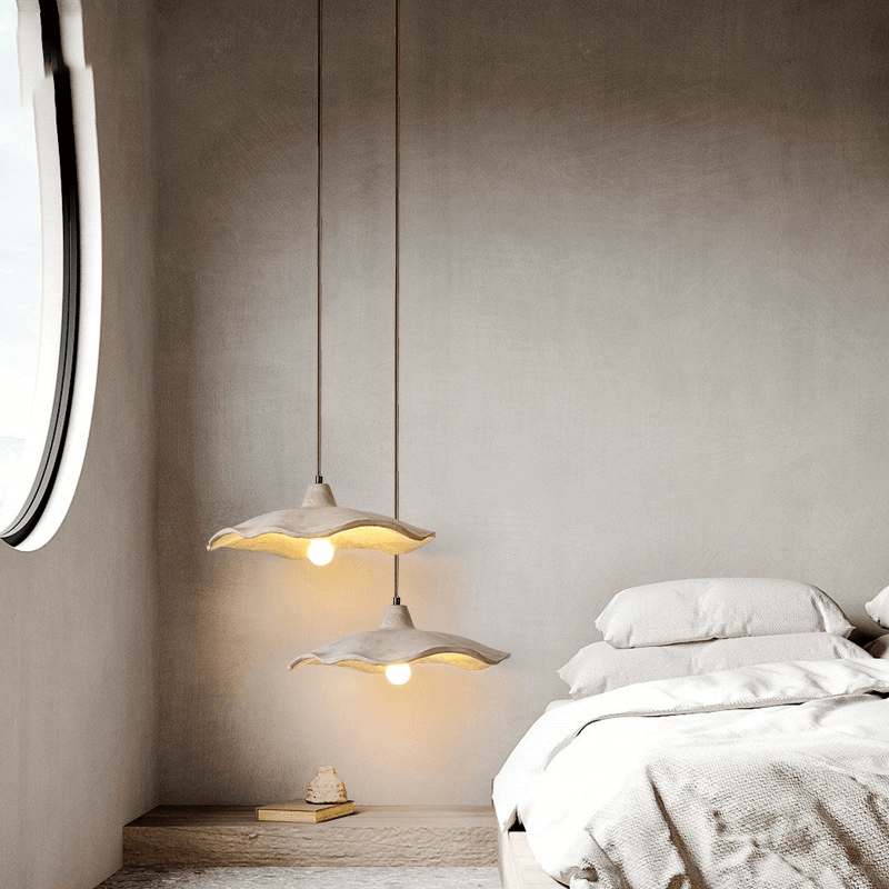 Japanese style yellow stone pendant lamp in a modern home, providing unique illumination.