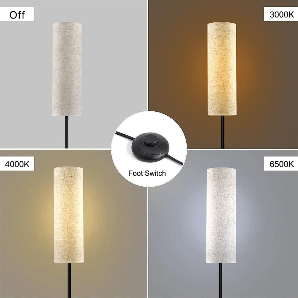 Elegant RGB floor lamp with linen shade illuminating a cozy living room corner.