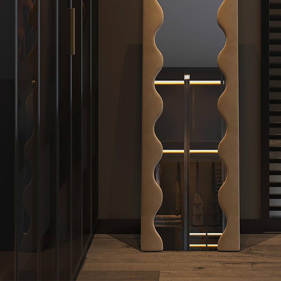The mirror positioned in a stylish living room, serving as a decorative piece.