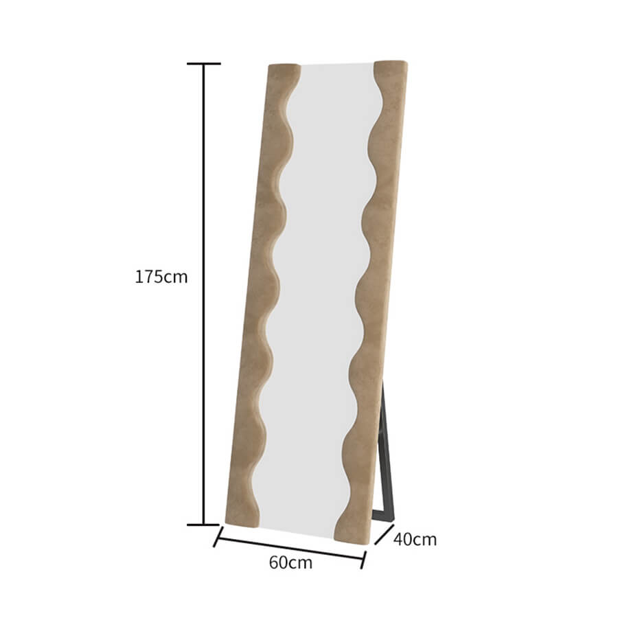Side angle of the full body mirror highlighting its wavy frame and beige color.