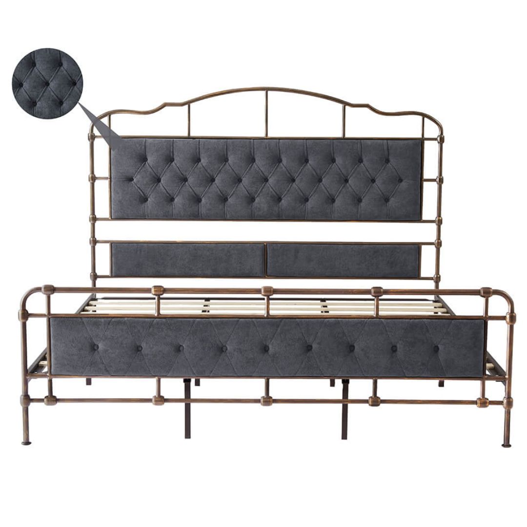 Close-up of the velvet headboard on the dark grey king size metal bed frame, highlighting its plush texture.