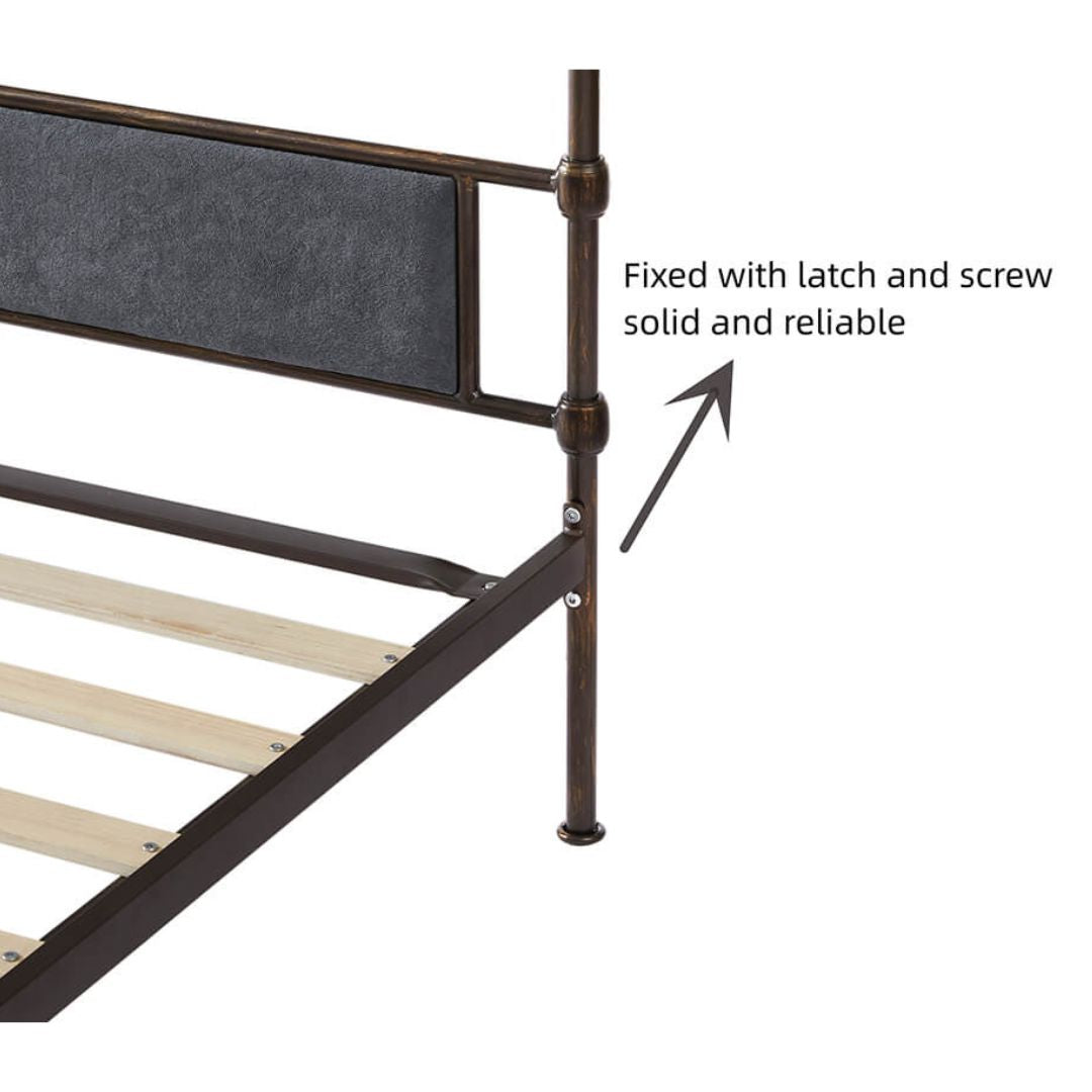 Overview of the dark grey king size metal bed frame in a well-decorated bedroom, illustrating its elegant design.