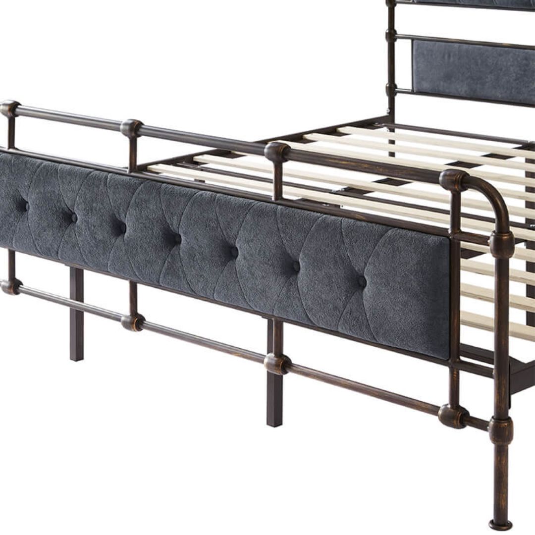 Close-up of the velvet headboard on the dark grey king size metal bed frame, highlighting its plush texture.