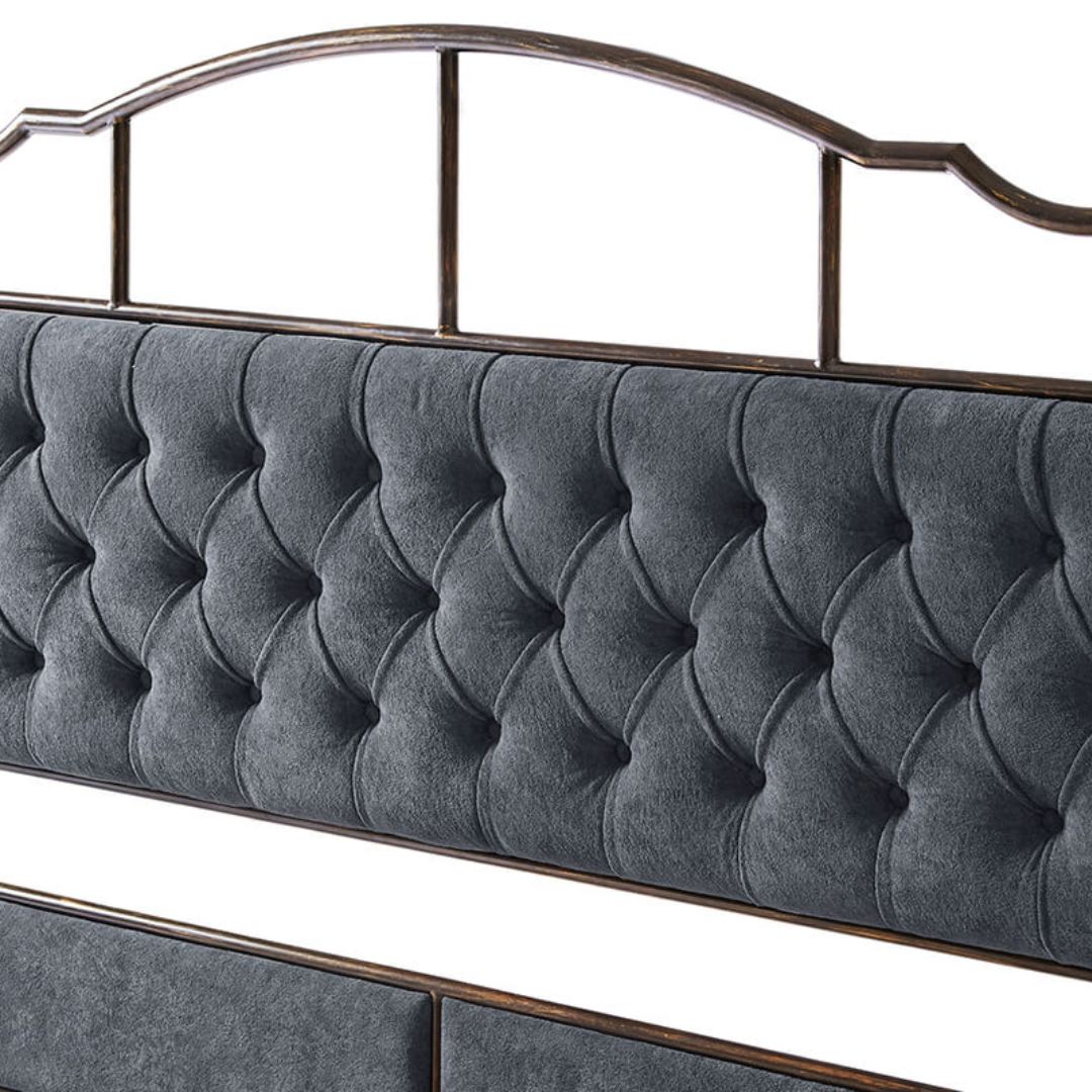 Overview of the dark grey king size metal bed frame in a well-decorated bedroom, illustrating its elegant design.