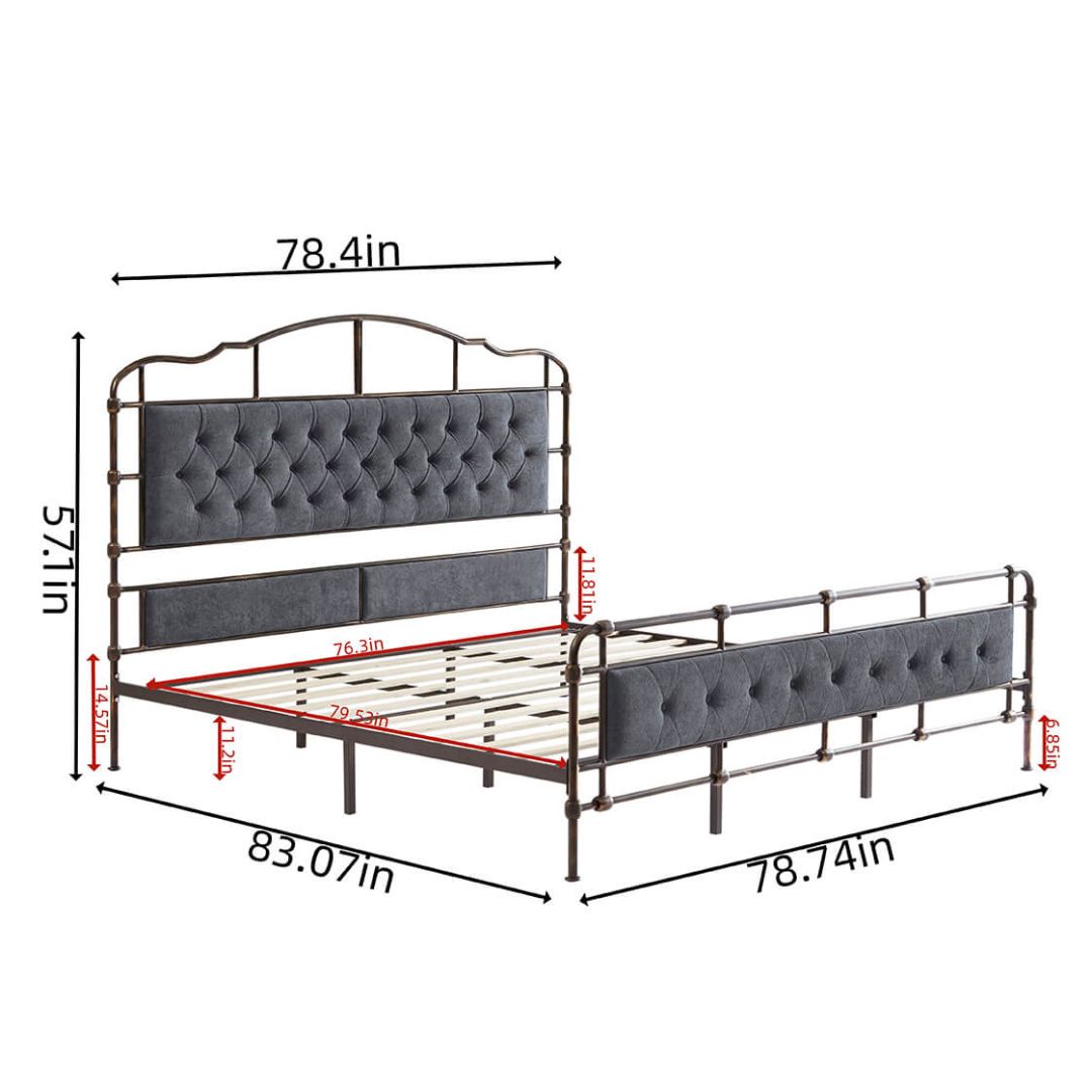 Side view of the luxurious dark grey king size metal bed frame showcasing its velvet upholstered headboard.