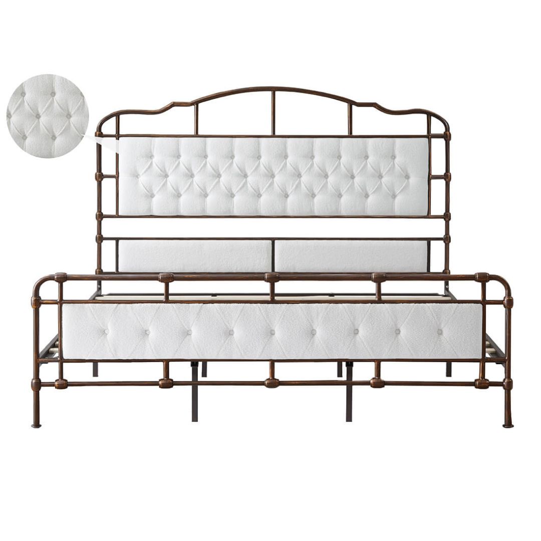 Luxury White Metal King Size Bed Frame with Upholstered Headboard - Image 2