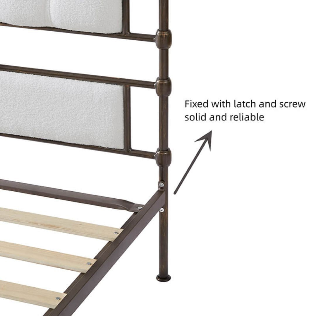 Luxury White Metal King Size Bed Frame with Upholstered Headboard - Image 5