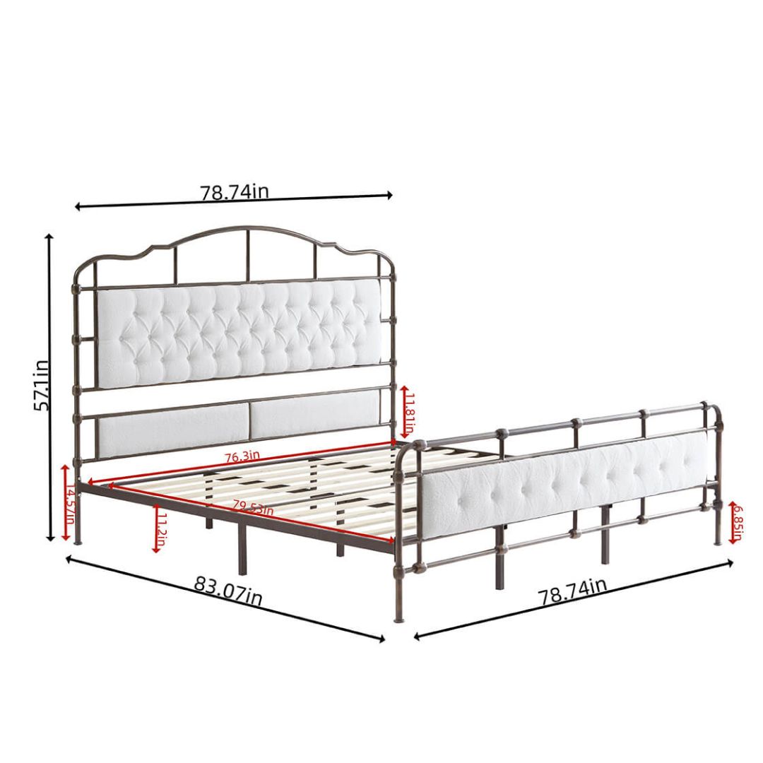 Luxury White Metal King Size Bed Frame with Upholstered Headboard - Image 7