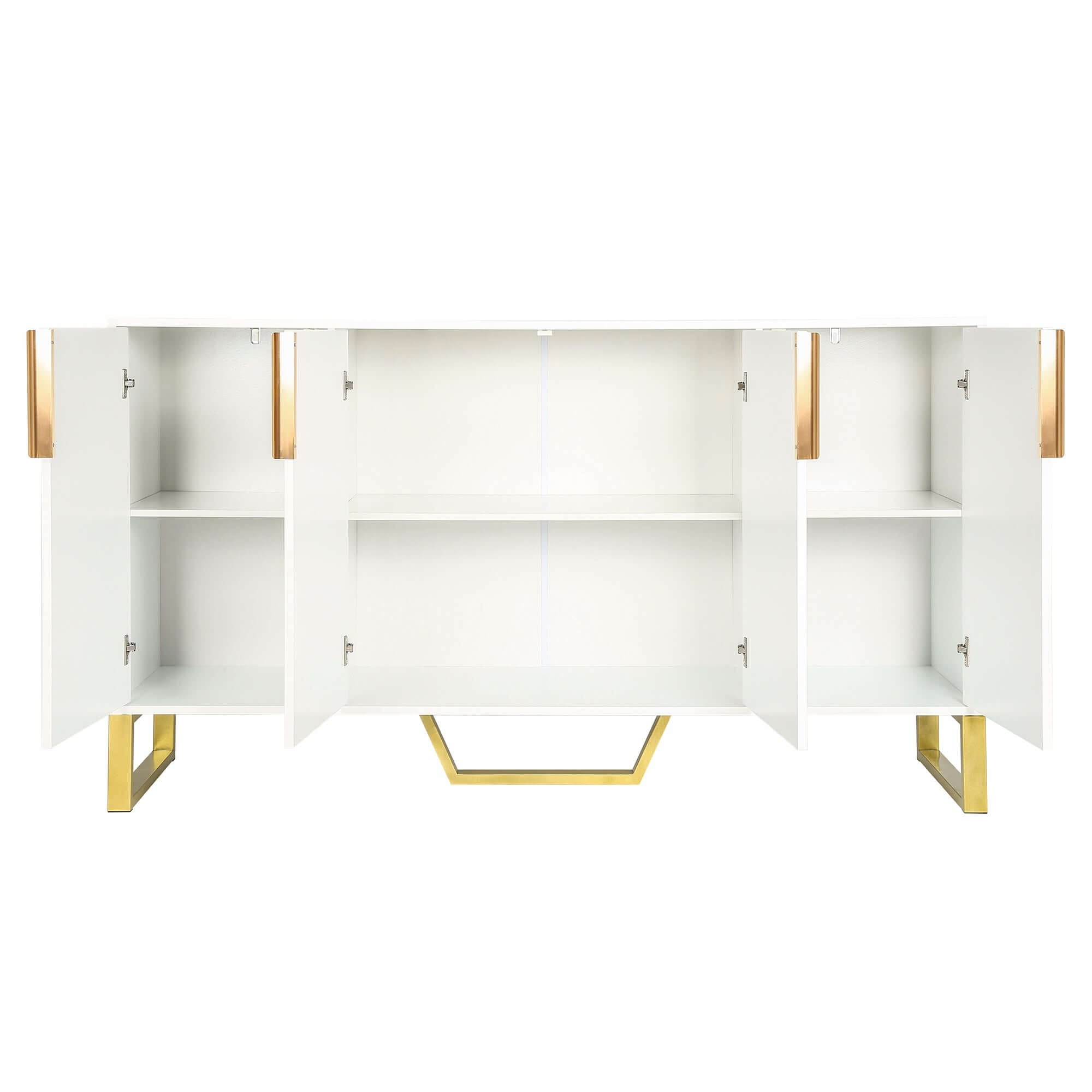 Close-up of the gold metal legs and pinstripe design on the sideboards doors.