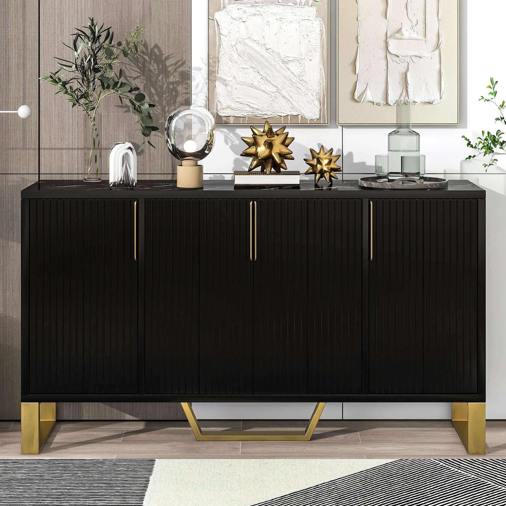 Elegant modern sideboard cabinet showcasing marble top and gold accents from a front angle.