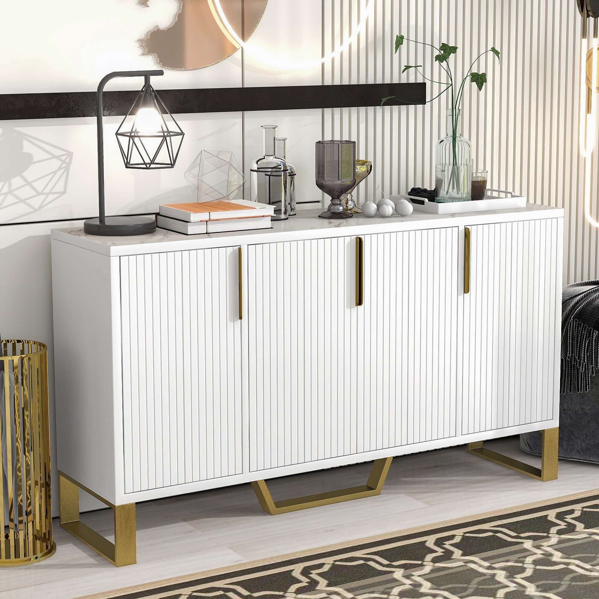 Elegant modern sideboard cabinet showcasing marble top and gold accents from a front angle.