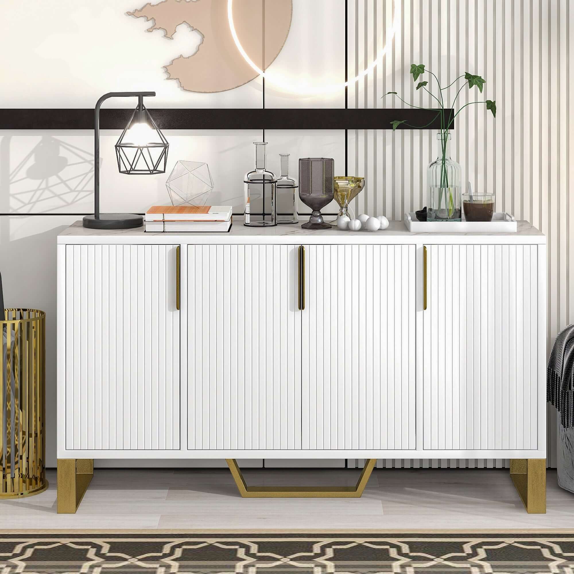 Close-up of the gold metal legs and pinstripe design on the sideboards doors.