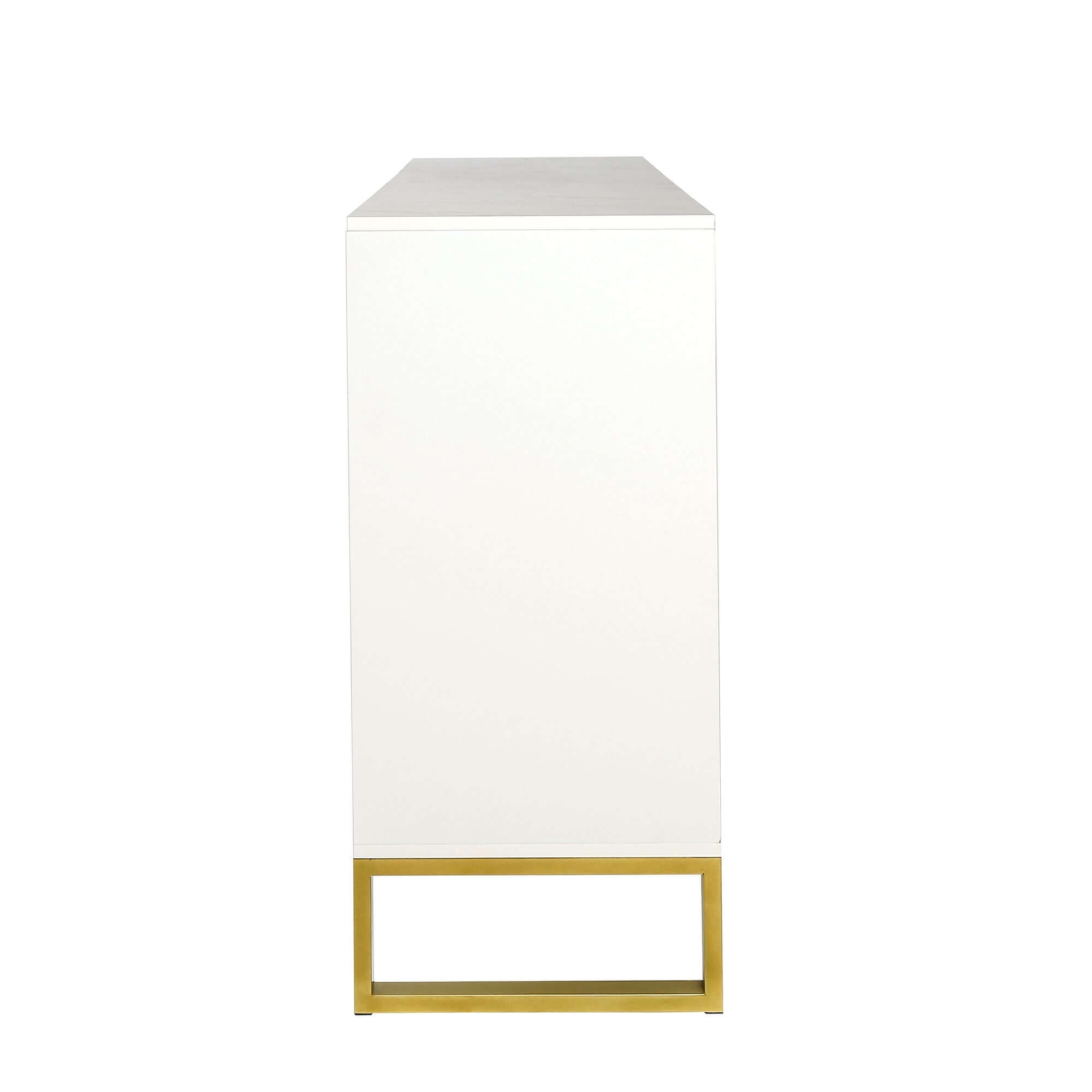 Elegant modern sideboard cabinet showcasing marble top and gold accents from a front angle.