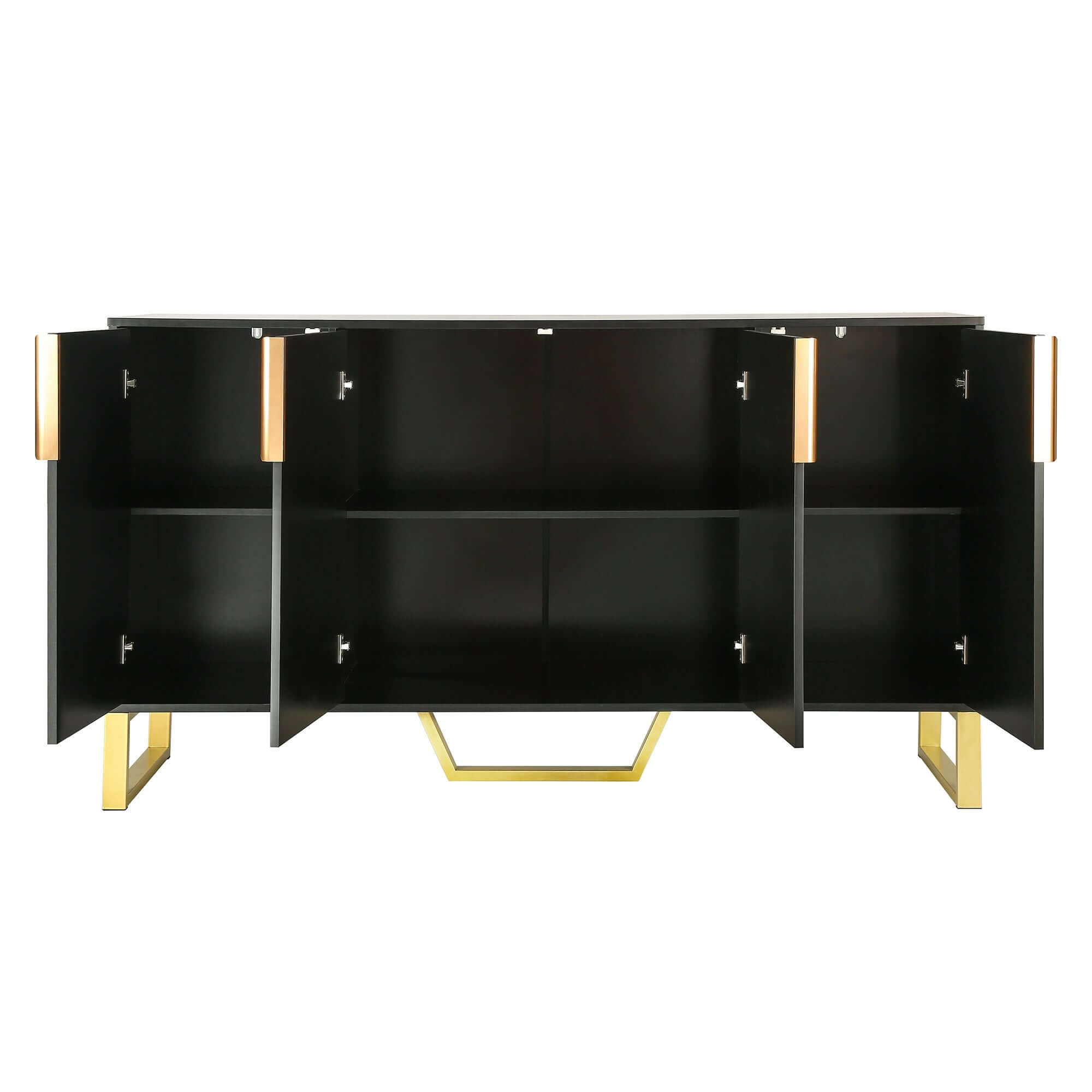 Close-up of the gold metal legs and pinstripe design on the sideboards doors.