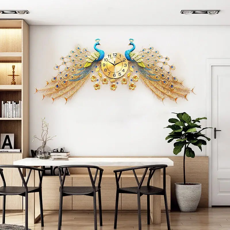 Close-up view of the intricate design of the Golden Peacock Wall Clock, highlighting its 3D features.
