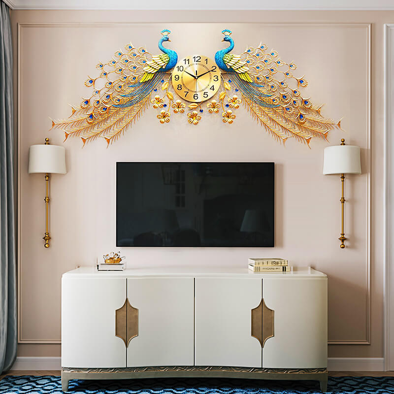 Elegant Golden Peacock 3D Decorative Wall Clock displayed on a living room wall with modern decor.