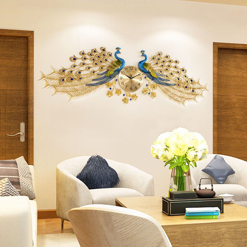 Close-up view of the intricate design of the Golden Peacock Wall Clock, highlighting its 3D features.