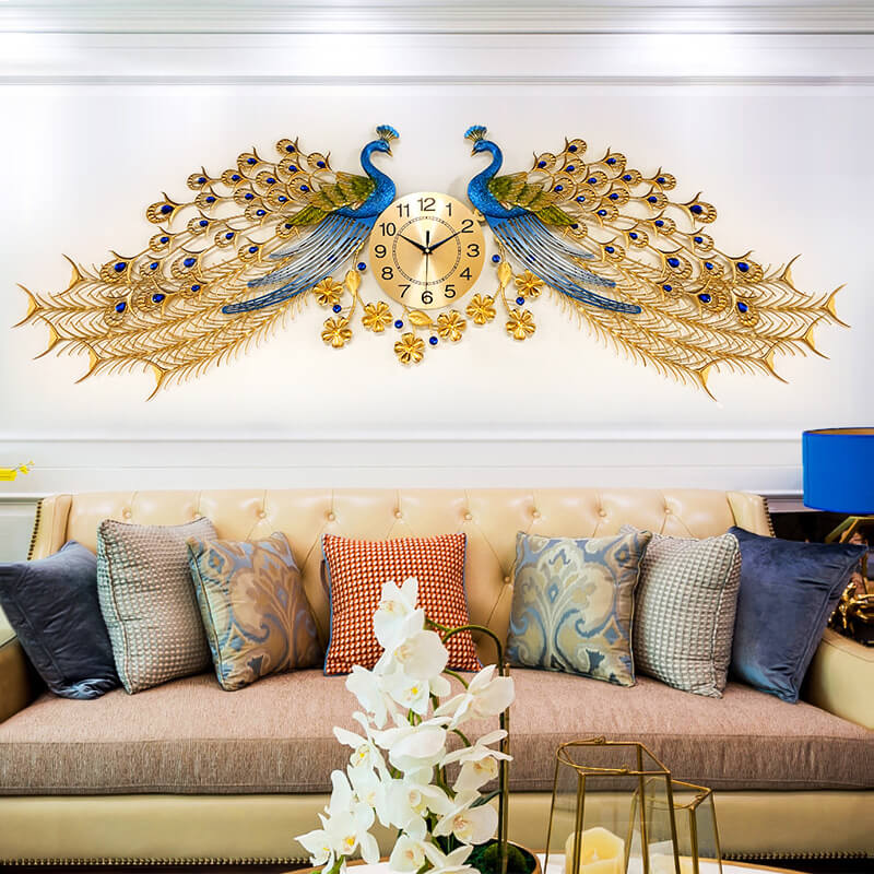 Elegant Golden Peacock 3D Decorative Wall Clock displayed on a living room wall with modern decor.