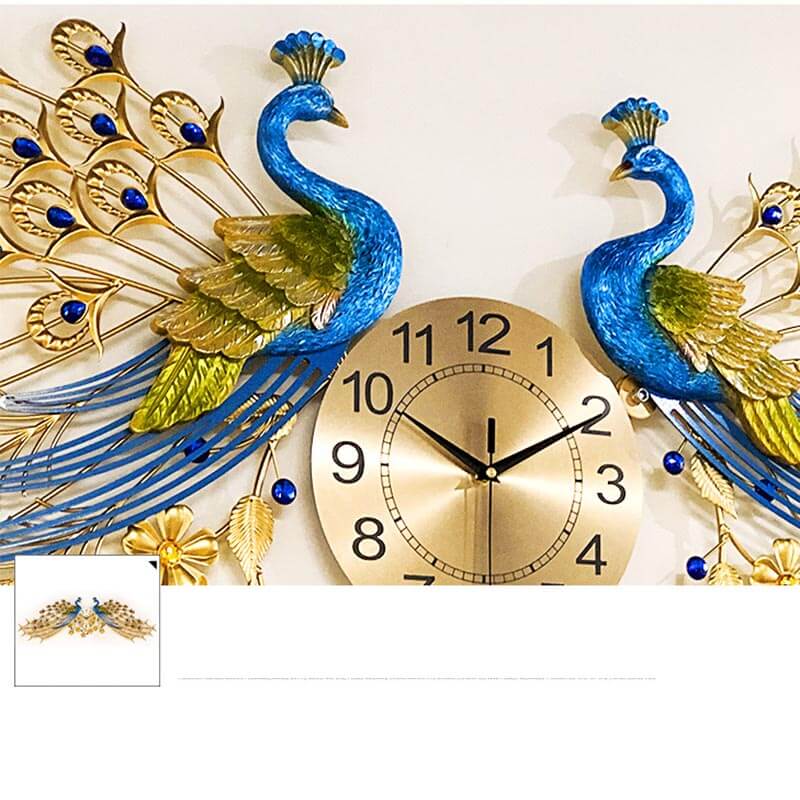 The Golden Peacock Decorative Clock in a cozy entryway, enhancing the ambiance with its vibrant colors.