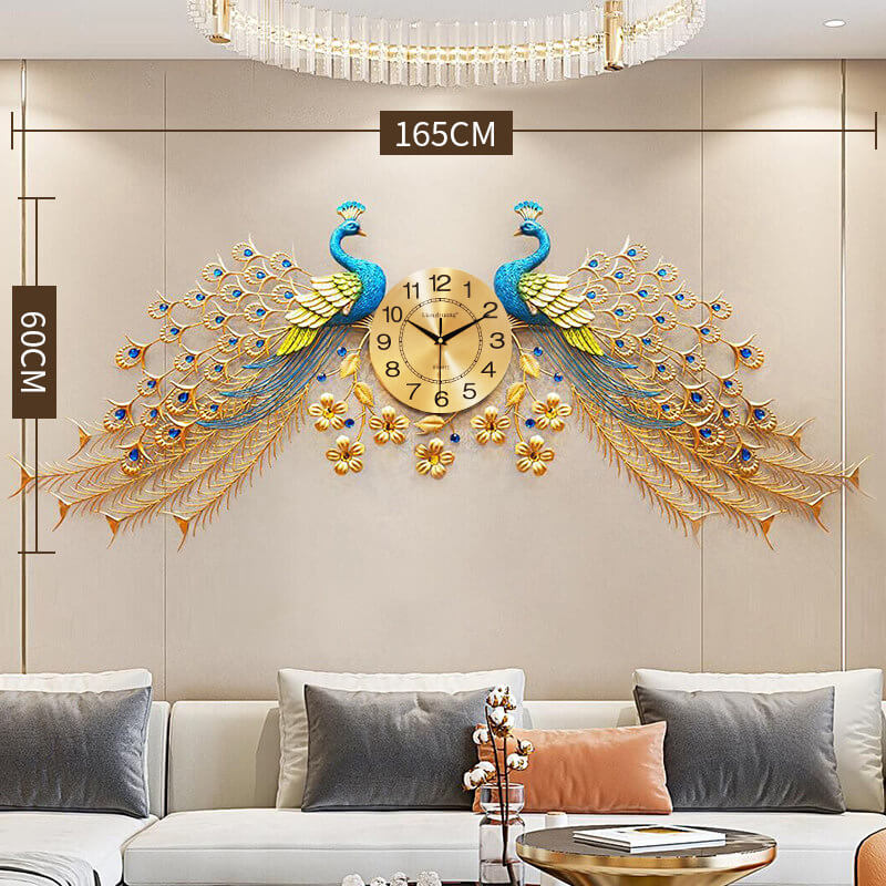 Close-up view of the intricate design of the Golden Peacock Wall Clock, highlighting its 3D features.