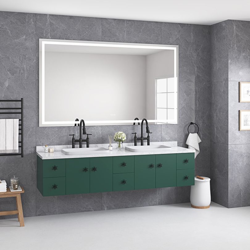 Large frameless LED bathroom mirror showcasing modern design and lighting features from a side angle.