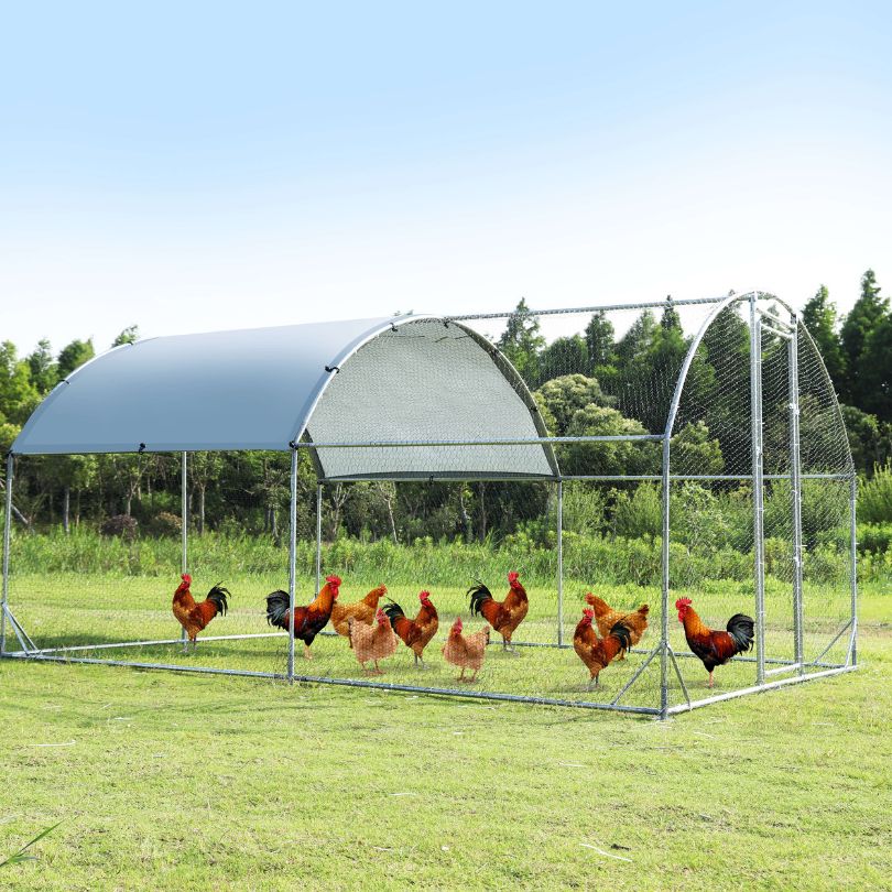 Durable metal coop featuring a waterproof cover and contemporary design.