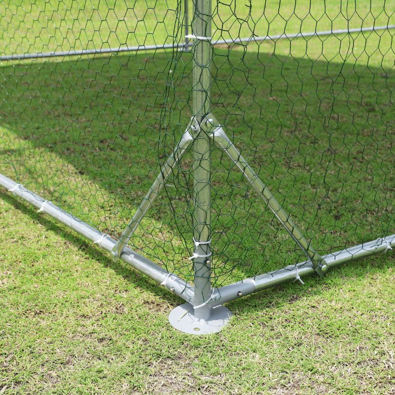 Large metal chicken coop with grey finish, designed for outdoor use.