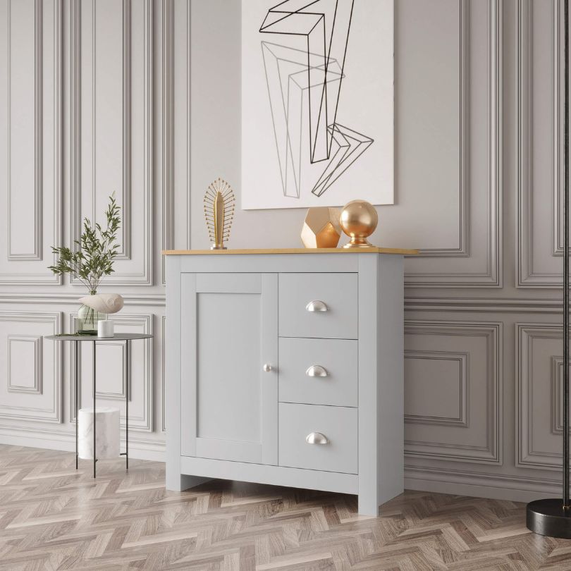 Side angle of the light gray kitchen cupboard highlighting the spacious drawers and cupboard space for kitchen organization.