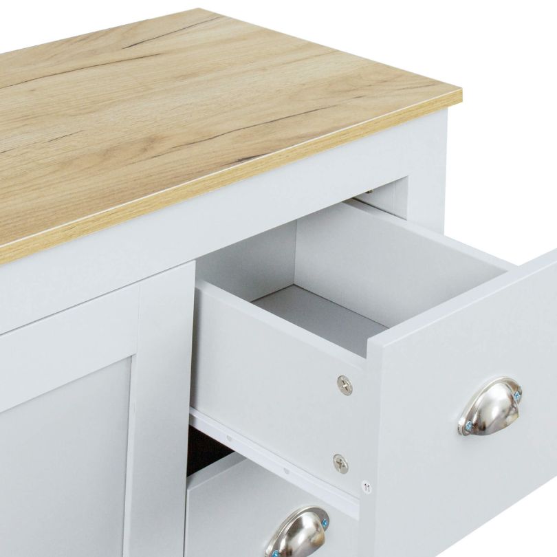 Top view of the light gray buffet table, perfect for dining room decor and additional kitchen storage.