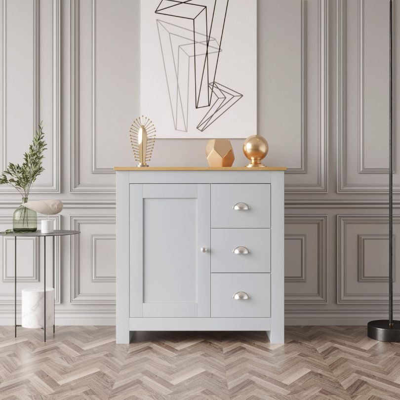 Front view of the chic light gray kitchen storage buffet cabinet showcasing its modern design and functional features.