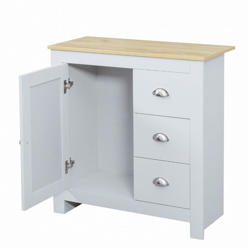 Front view of the chic light gray kitchen storage buffet cabinet showcasing its modern design and functional features.