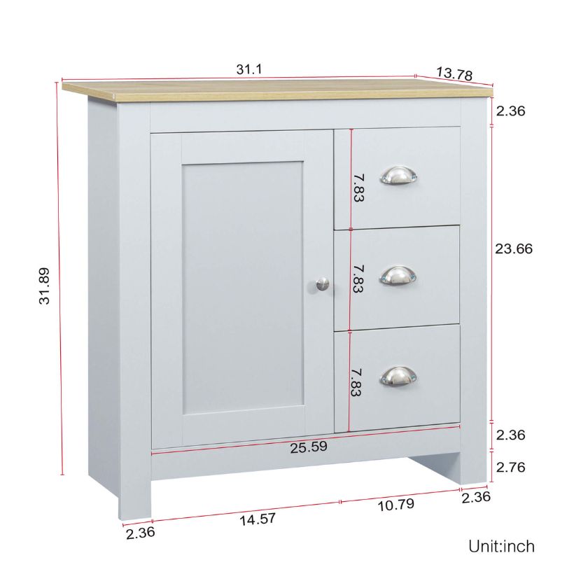 Top view of the light gray buffet table, perfect for dining room decor and additional kitchen storage.