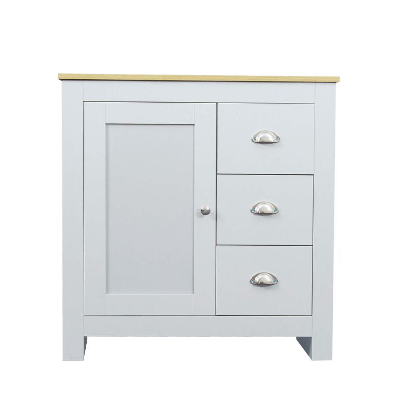 Top view of the light gray buffet table, perfect for dining room decor and additional kitchen storage.