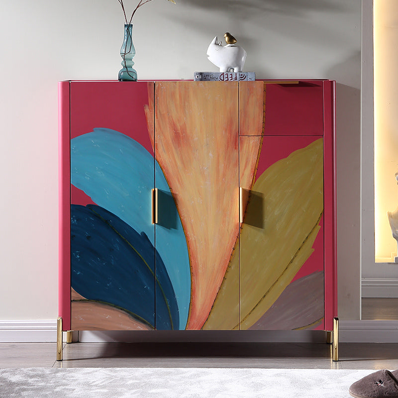 Front view of the elegant entryway shoe storage cabinet showcasing the decorative doors and spacious compartments.