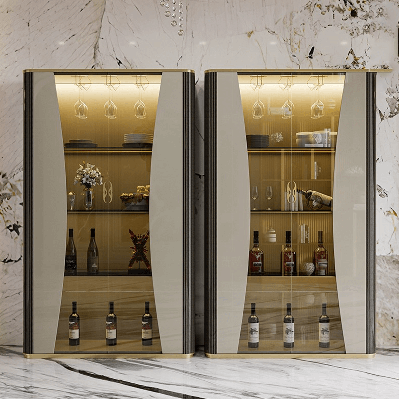 Elegant glass wine cabinet showcasing 14 bottles of wine with ambient lighting.