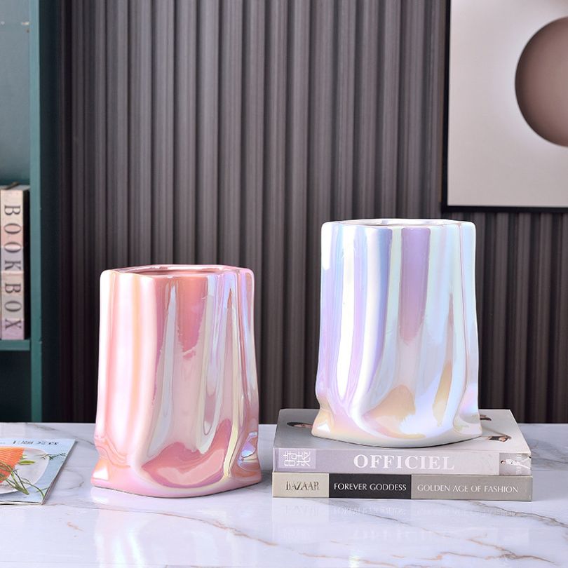 Close-up of the pleated details of the luxury ceramic vase.