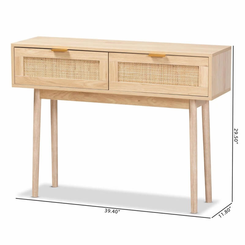 Close-up of the rattan drawer handles on the console table, highlighting the craftsmanship and design.