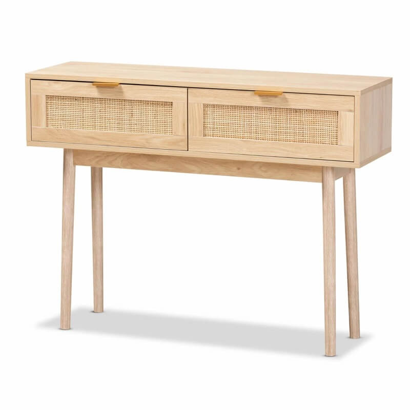 Front view of the Mid-Century Modern Rattan Console Table with two drawers, styled with plants and decor.