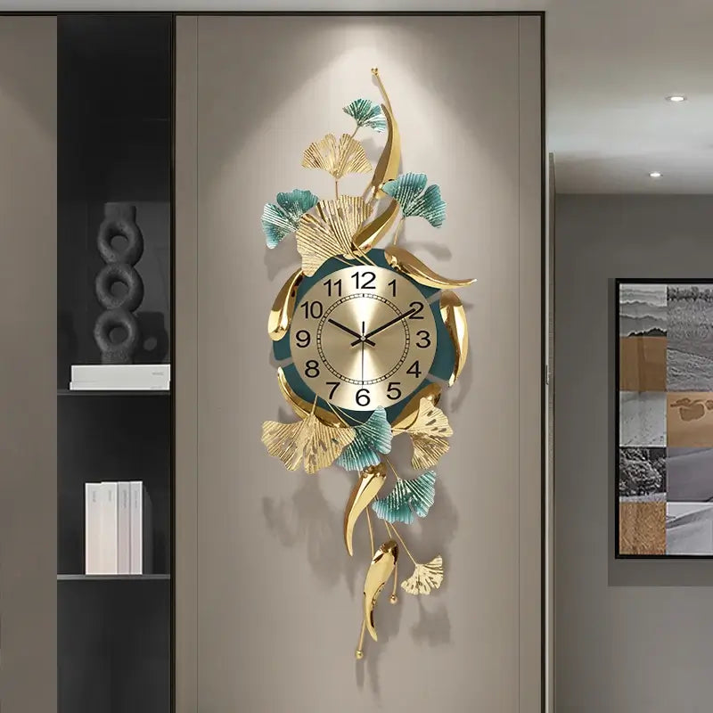 Front view of the stylish ginkgo leaf wall clock showcasing its modern design.