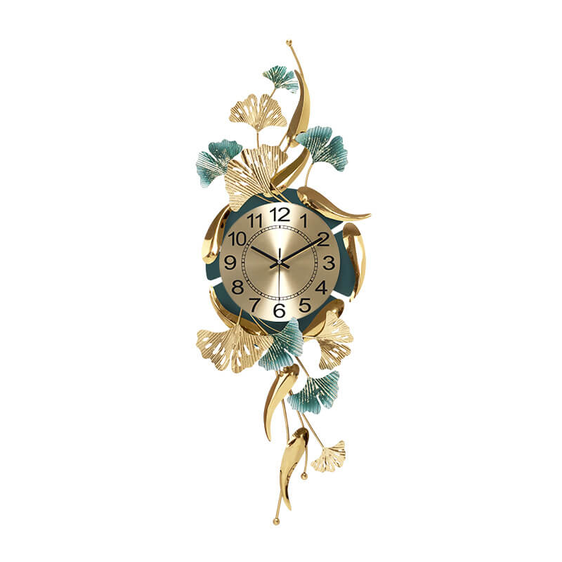 The ginkgo leaf wall clock displayed in a beautifully decorated living room.