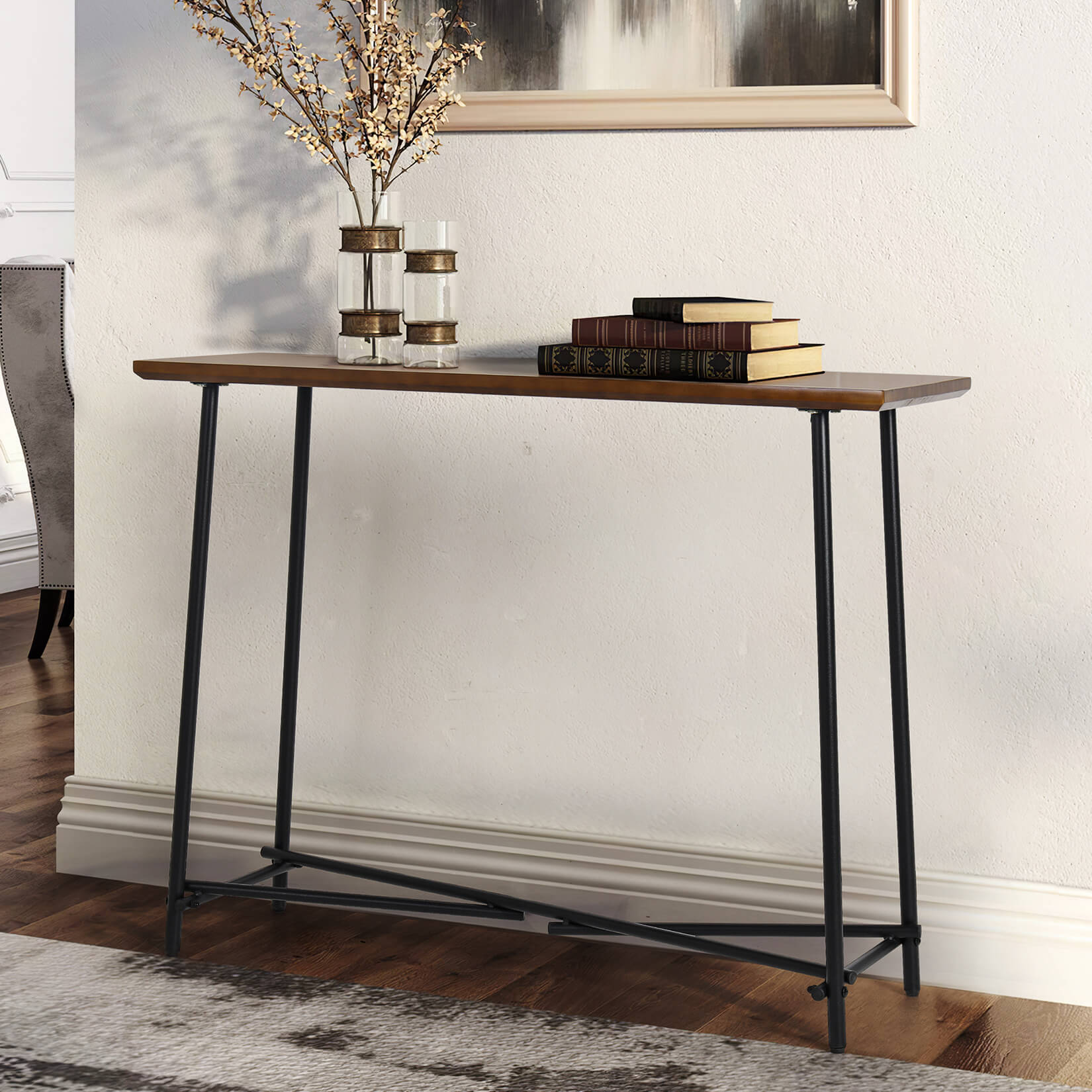 Close up of the pine wood texture and metal details on console table