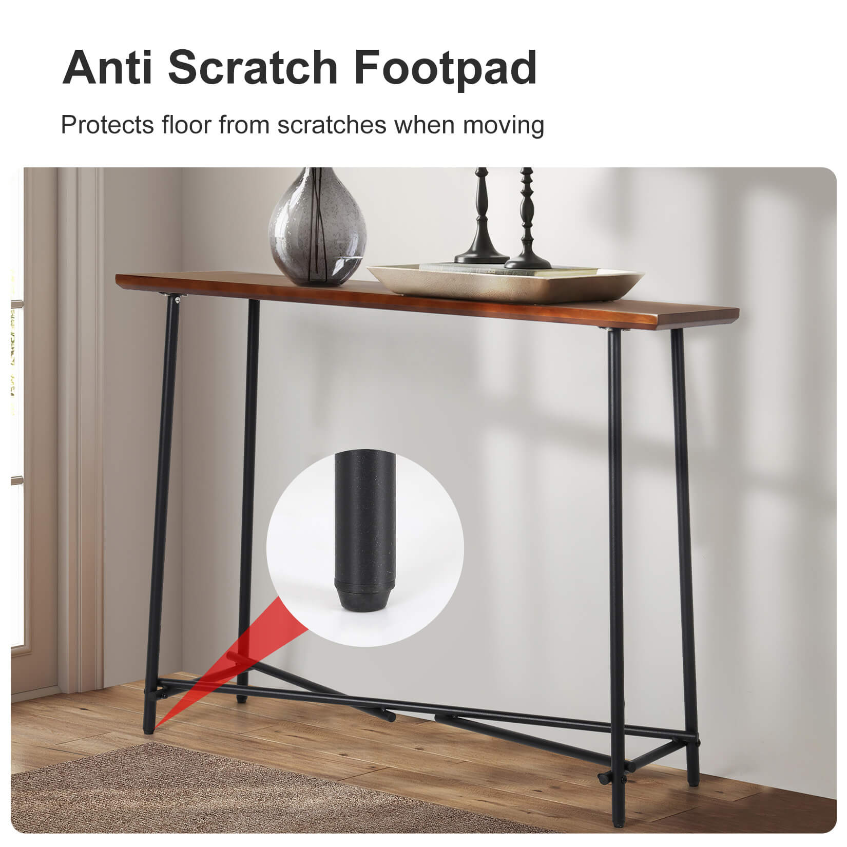 Rustic console table showing walnut brown finish and metal legs