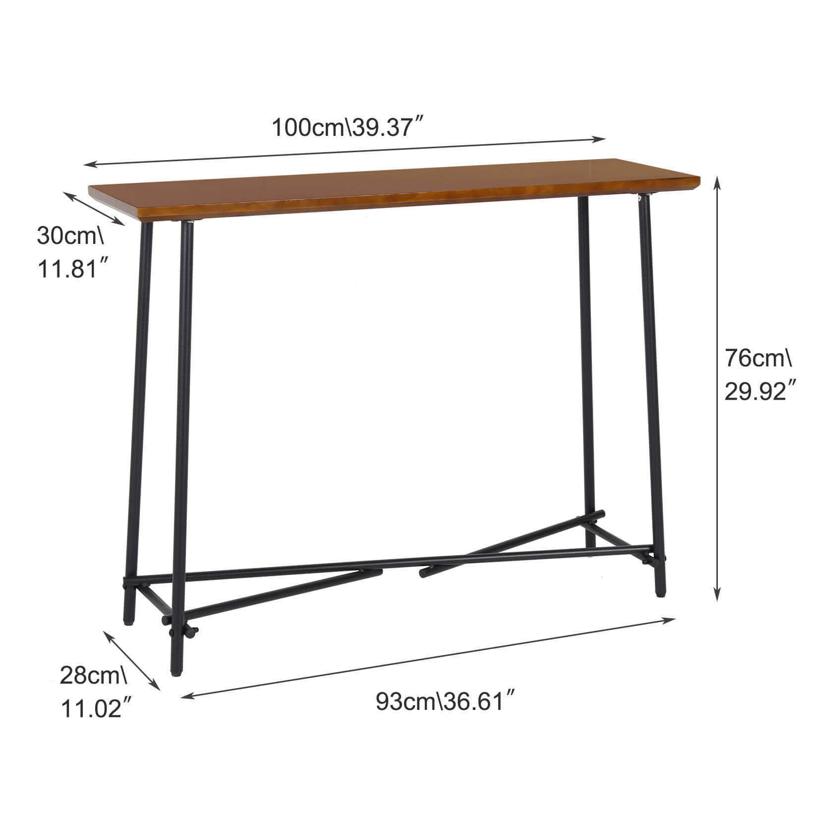 Rustic console table showing walnut brown finish and metal legs