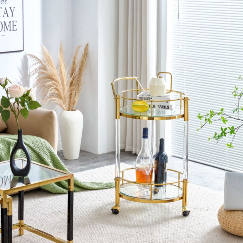 Elegant two-tier acrylic bar cart showcasing its sleek stainless steel finish and stylish design.