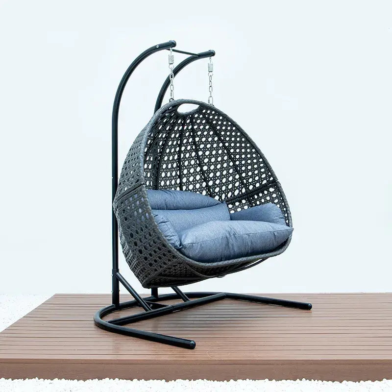 Close-up view of the durable wicker design of the hanging egg chair