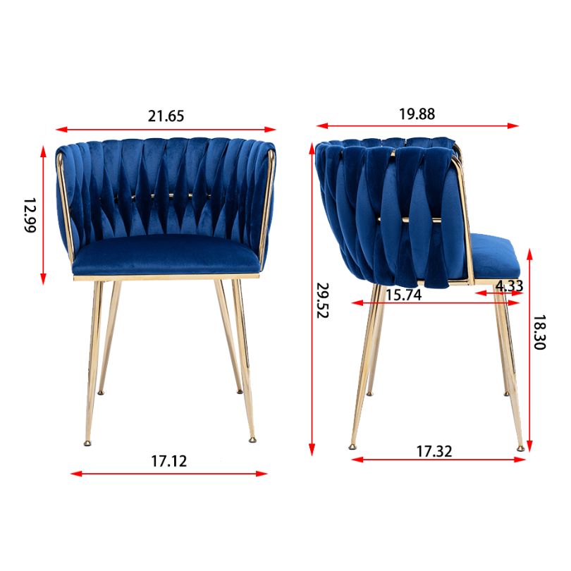 Close-up of the luxurious blue velvet fabric and golden legs of the dining chair.